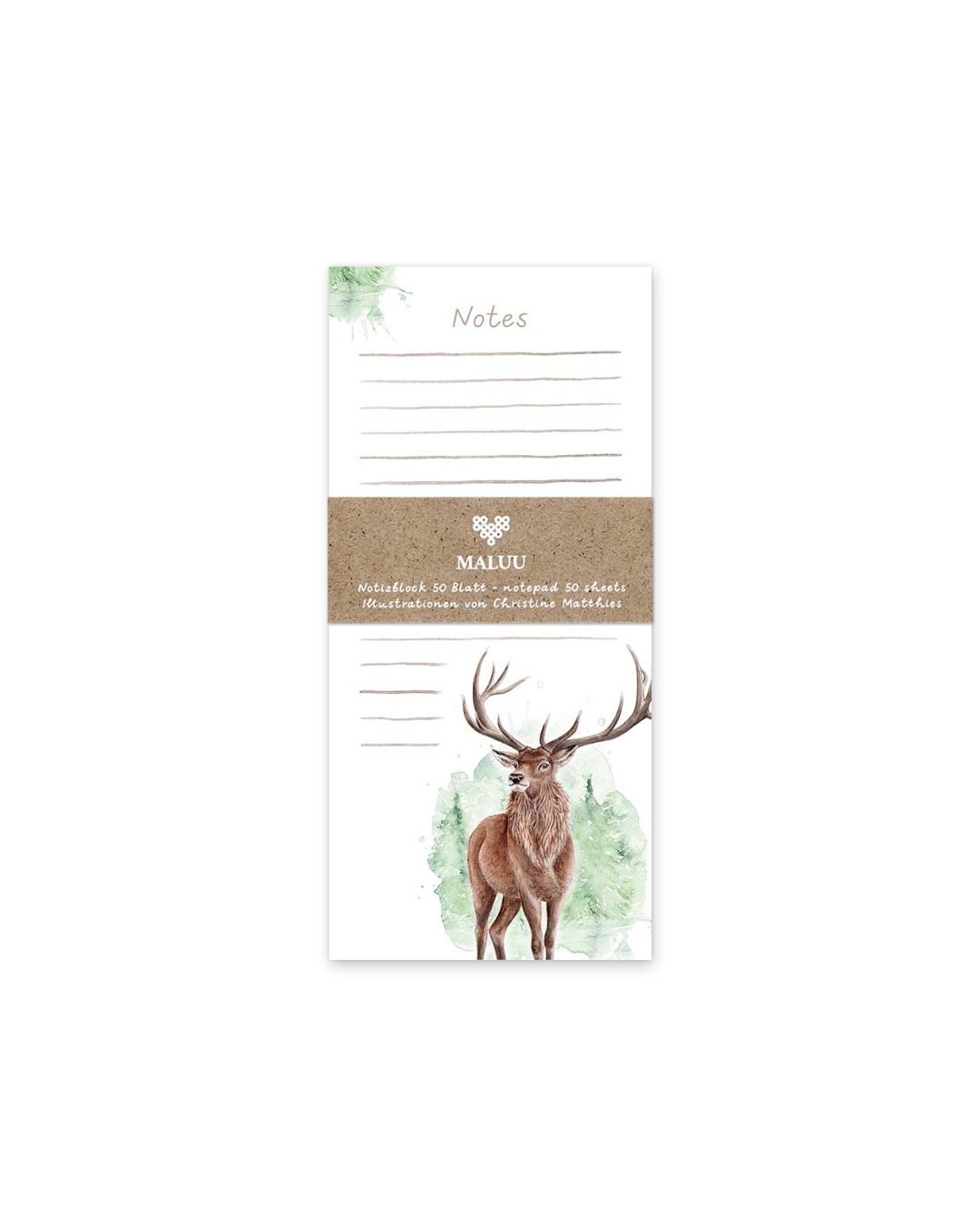 Notizblock „Forest Deer“ von Maluu mit Verpackungsband und Aquarellmotiv eines Hirsches