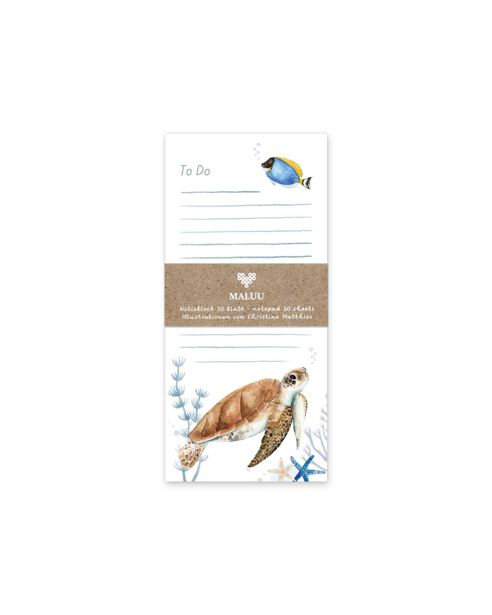 Detailansicht des Notizblocks „Sealife“ von Maluu mit Linien und Unterwasserillustration
