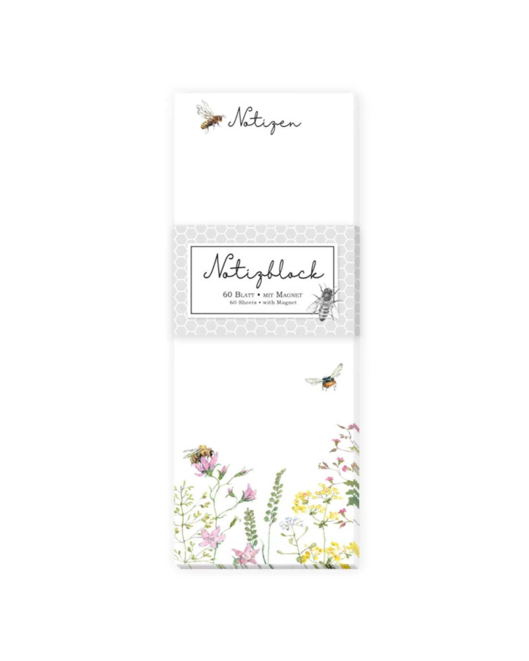Notizblock „Bienen“ vom Grätz Verlag mit zarten Wildblumen und fliegenden Bienen, naturinspiriertes Design von Daniela Drescher.