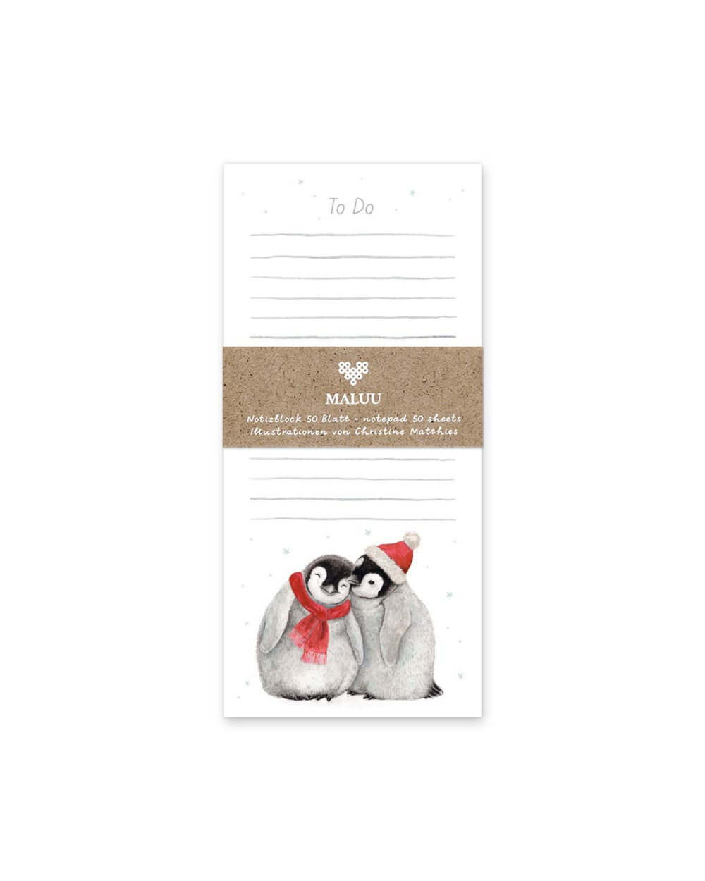 Maluu Notizblock Christmas Penguins ohne Verpackung, mit zwei kuschelnden Pinguin-Küken in Schal und Weihnachtsmütze unter zarten Schneesternen.