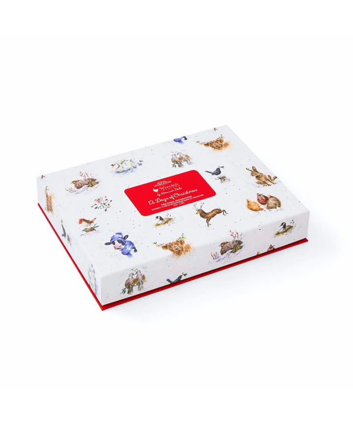 Verpackung des Porzellan-Sets 12 Days of Christmas von Wrendale Designs mit Tierillustrationen vor weißem Hintergrund.