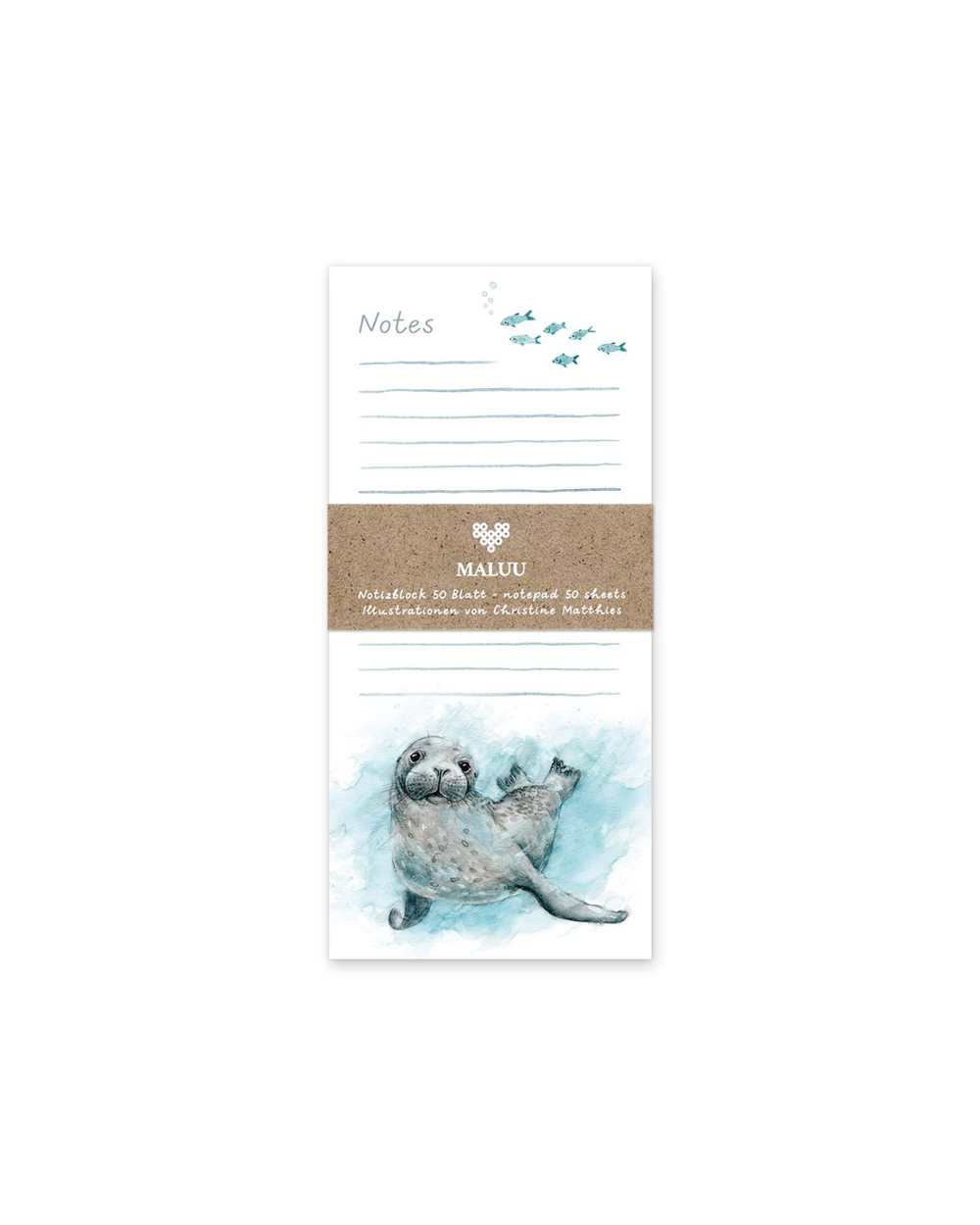 Notizblock „Swimming Seal“ von Maluu mit Verpackungsband und Aquarellmotiv einer Robbe