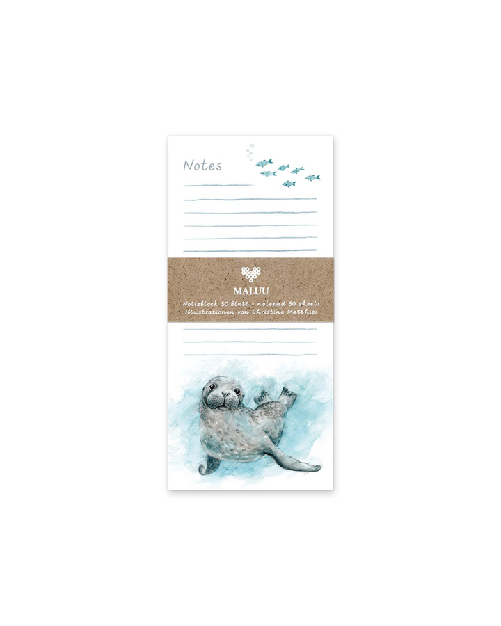 Notizblock „Swimming Seal“ von Maluu mit Verpackungsband und Aquarellmotiv einer Robbe