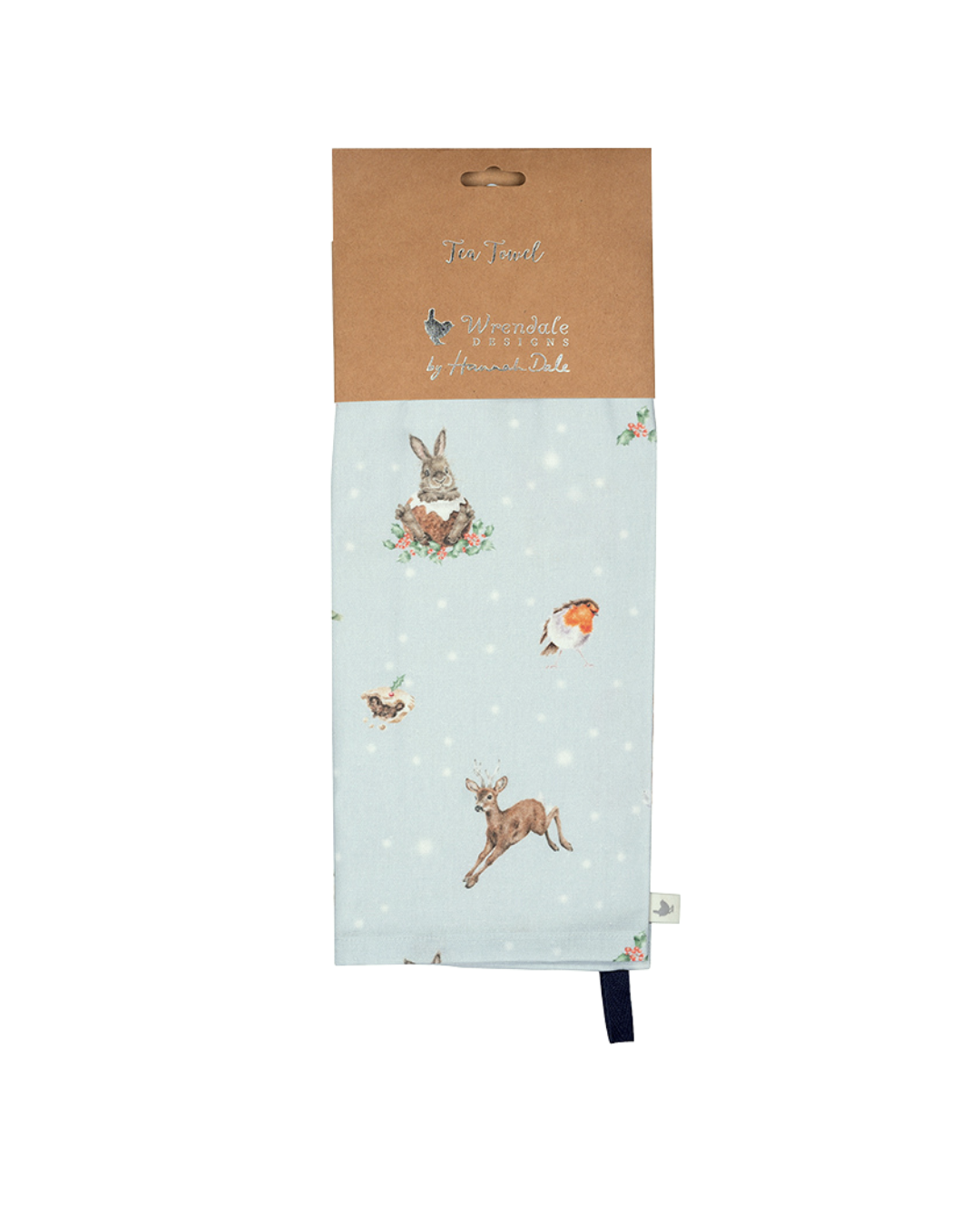 Das weihnachtliche Geschirrtuch mit Waldtiermotiven ist sauber gefaltet und in einer braunen Papierbanderole verpackt. Der Hintergrund ist weiß.