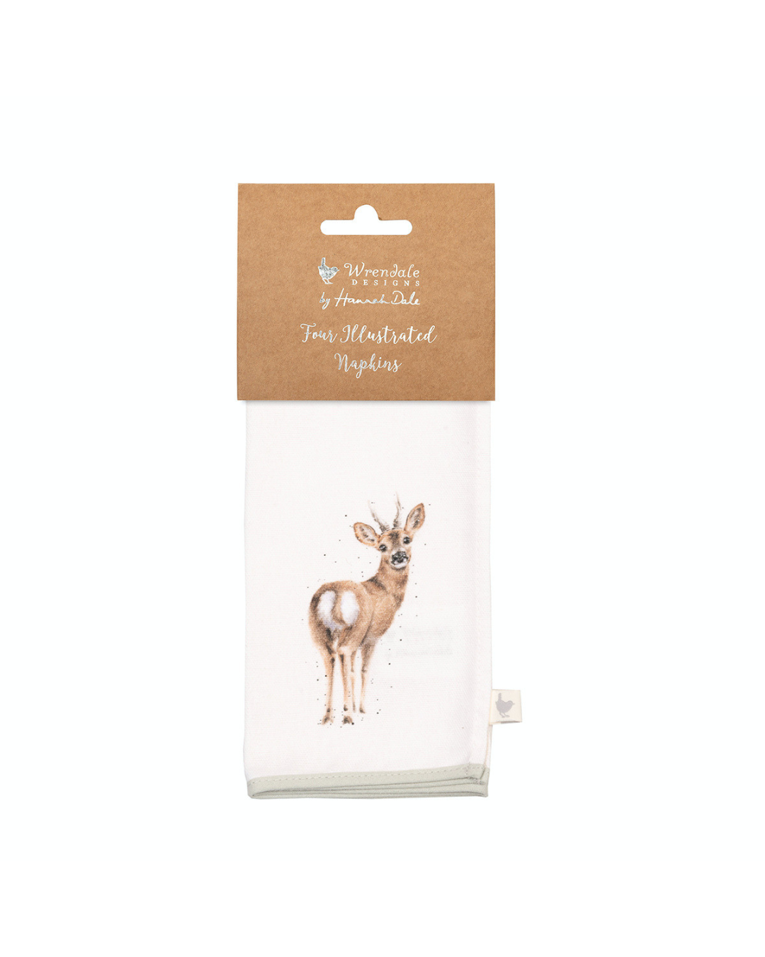 Eine einzelne Serviette „Woodlanders“ mit einem Reh-Motiv. Die Serviette ist noch verpackt.