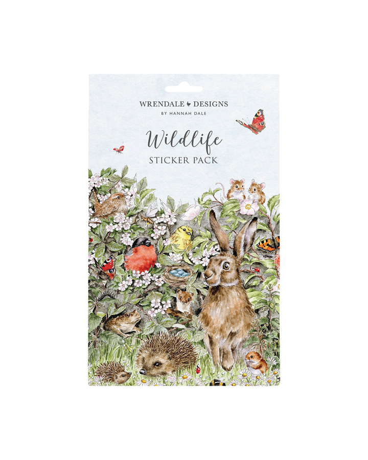 Verpackung des Sticker-Sets „Nature“ von Wrendale Designs mit großem Naturmotiv, Hase, Igel, Vögeln und Blumen von Hannah Dale