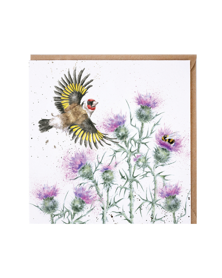 Vogel Grußkarte "Feathers and Thistles" von Wrendale Designs vor weißen Hintergrund. Das Motiv zeigt einen Vogel welcher über eine Art Blumenwiese mit Bienen fliegt .