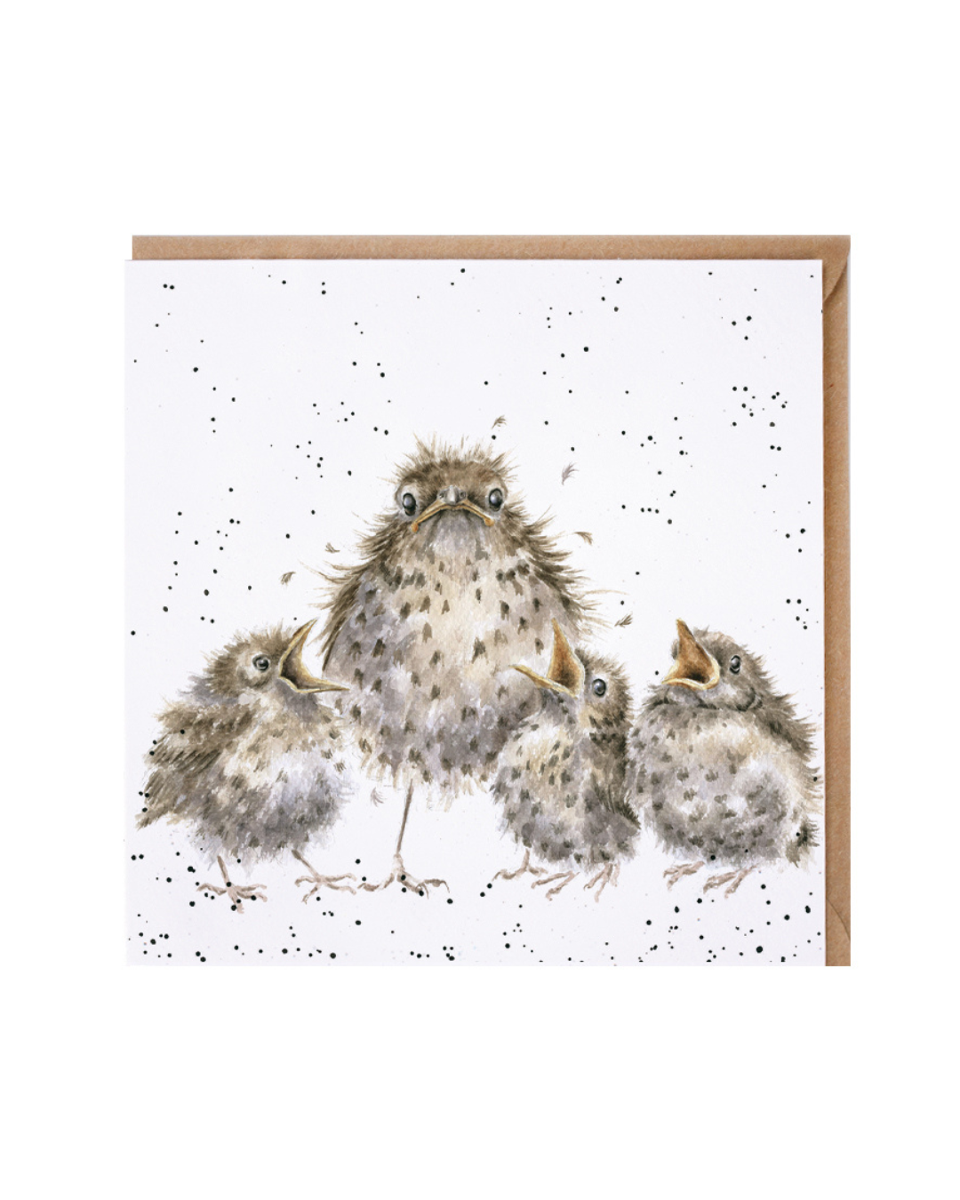 Vogel Grußkarte "Frazzled" von Wrendale Designs vor weißen Hintergrund. Das Motiv zeigt 3 kleine Küken die auf Nahrung warten und die Mutter welche in der Mitte steht und in die Kamera schaut.