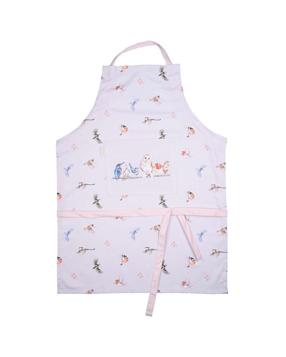 Hell lila Kochschürze von Wrendale Designs vor weißen Hintergrund.  Das Motiv beinhaltet viele verschiedene Vögel darunter eine Eule, ein Rotkehlchen, ein Spatz und mehr.