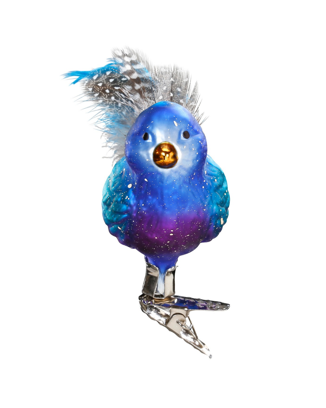 Vogel zum Klemmen "Belinda" von Inge Glas in blau-violett mit weißen Sprenkeln und mit echten blauen und grauen Federn sowie einem Klemmfuß.