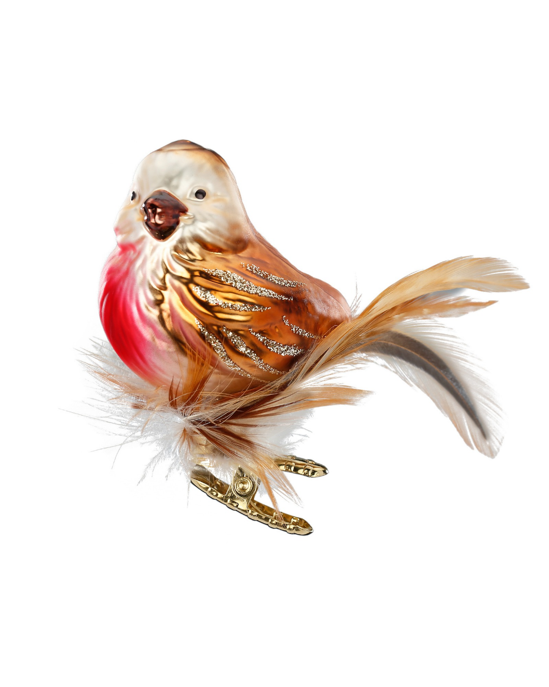 Handgefertigtes Vogelornament "Rotkehlchen" zum Klemmen von Inge Glas. Mit leuchtend rotem Gefieder und silbernen Akzenten an den Flügeln und echten Federn.