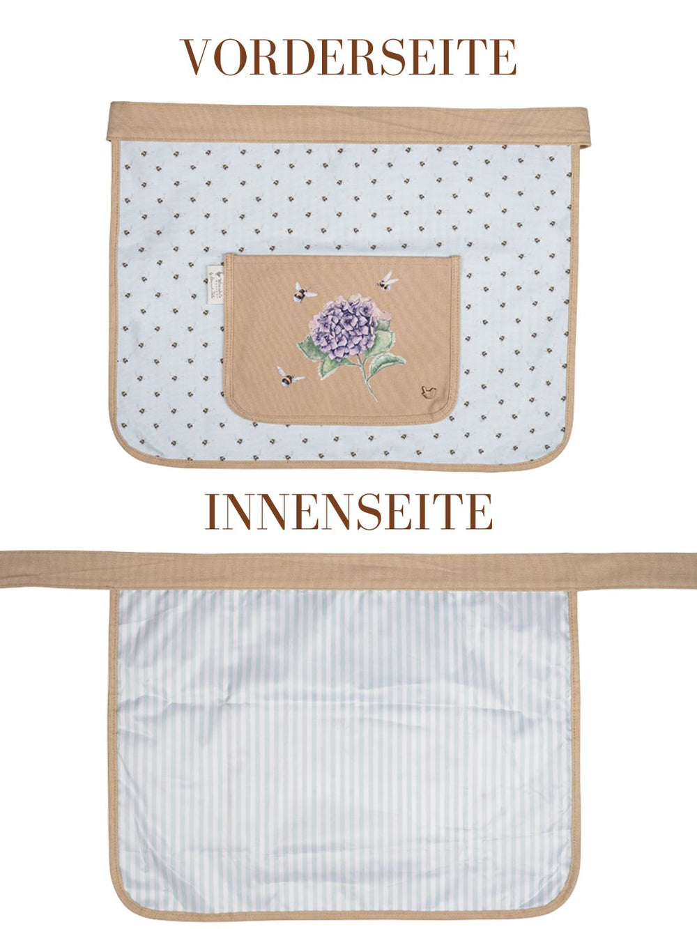 Vorder- und Rückseite der Hummel und Hortensien Gartenschürze von Wrendale Designs