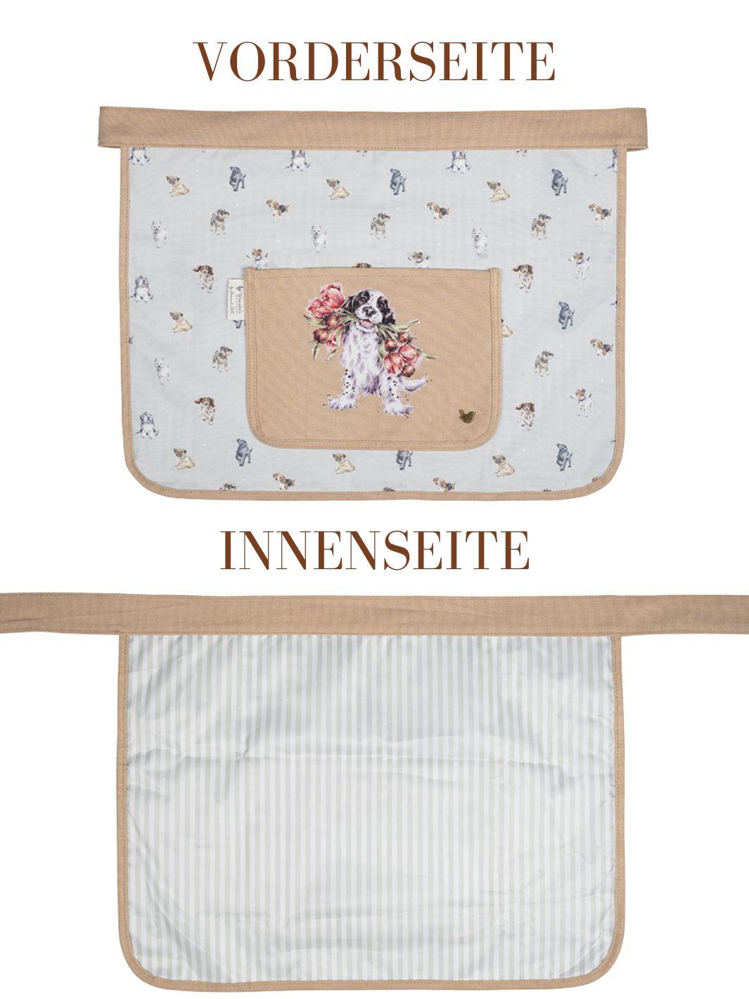 Vorder- und Rückseite der Hunde Gartenschürze von Wrendale Designs.