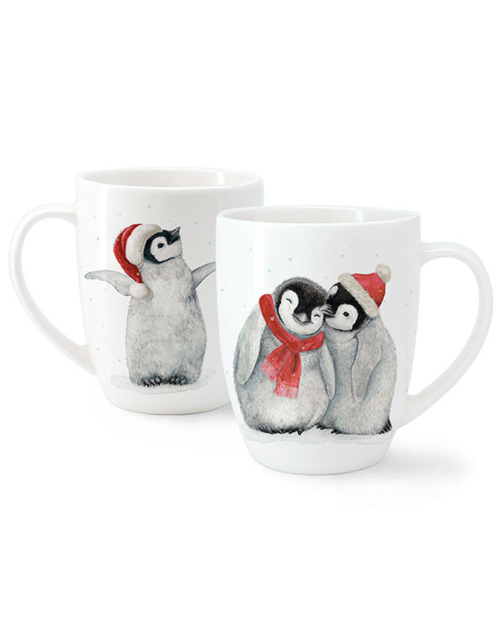 Vorder- und Rückseite der Christmas Penguins Tasse von Maluu mit zwei kuschelnden Pinguinen und einem tanzenden Pinguin-Küken.