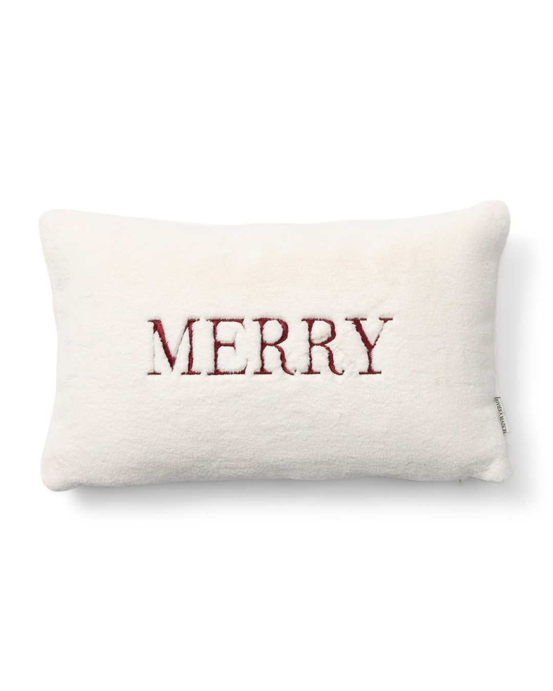 Weißer Kissenbezug von Rivièra Maison mit roter Stickerei „MERRY“
