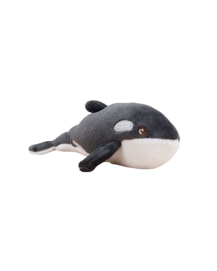 Ein schwarzer Orca-Schlüsselanhänger von Bukowski mit weißer Bauchseite und freundlichem Auge liegt auf weißem Hintergrund.