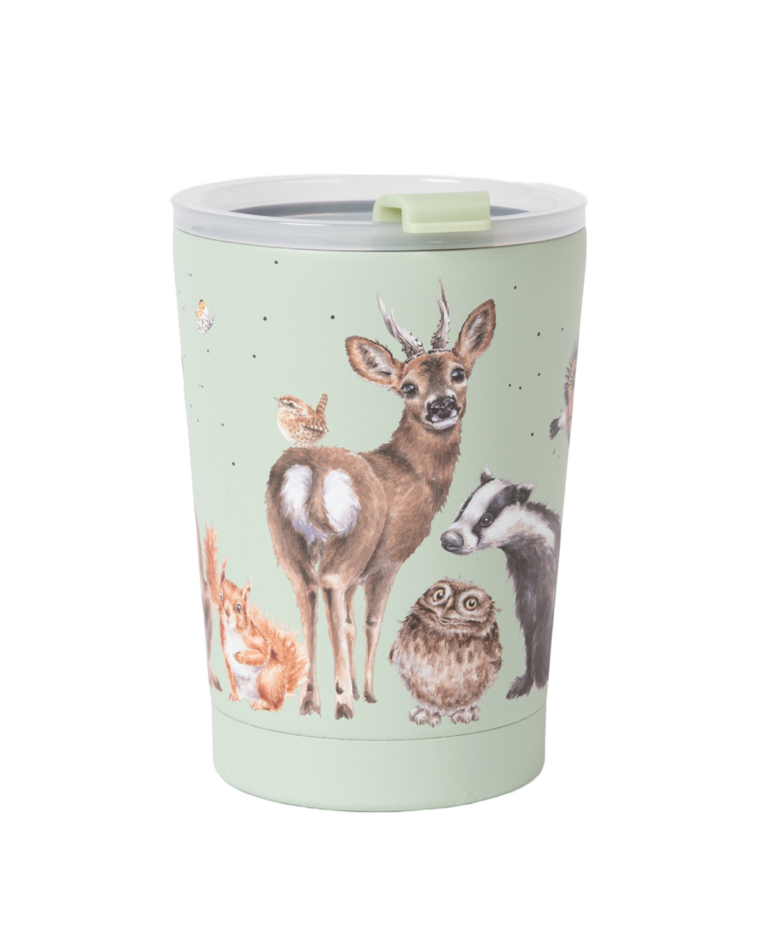 Der Waldtiere Thermobecher To Go "Woodland" ist in hellem grün gestaltet. Detailreiche Waldtiere wie Dachs, Eule, Reh, Eichhörnchen und Zaunkönig illustriert von Hannah Dale zieren den praktischen To Go Becher.
