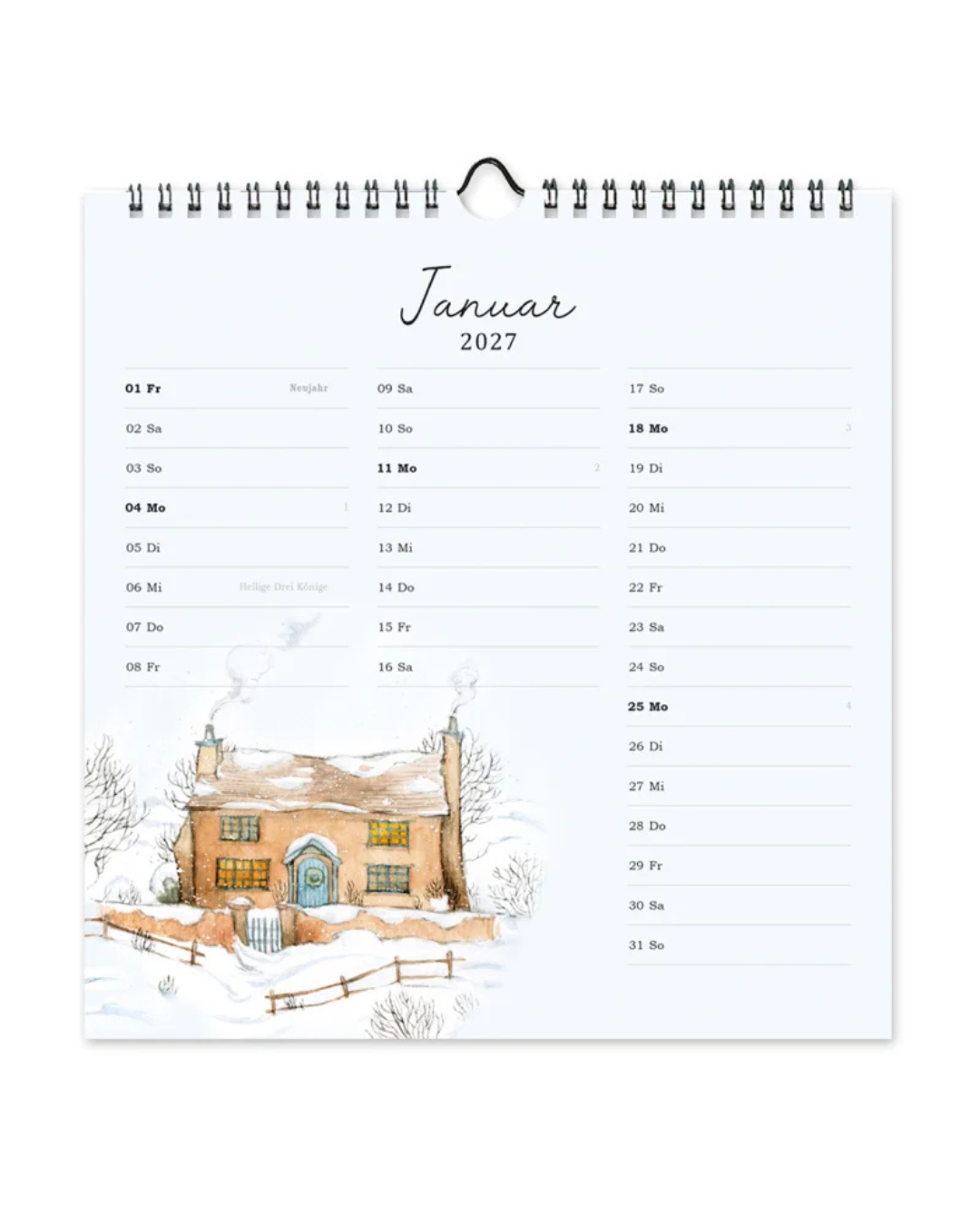 Wandkalender "Naturliebe Katze" von Grätz Verlag vor weißen Hintergrund. Zu sehen ist die Seite Januar und passend dazu ist ein winterliches Motiv unten links.