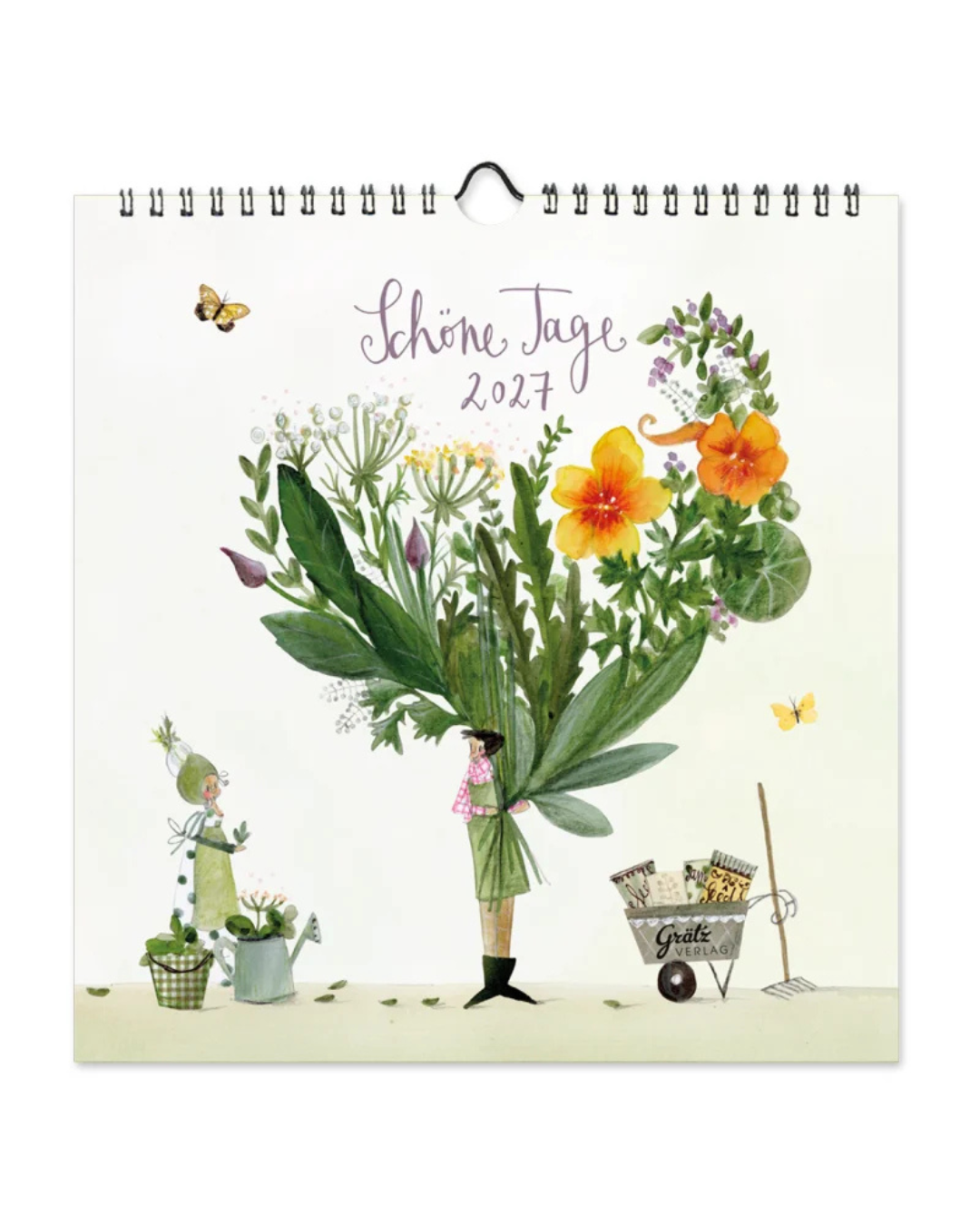 Wandkalender "Schöne Tage Kräuter" von Grätz Verlag vor weißen Hintergrund. Das Motiv ist eine Frau welche einen riesigen Blumenstrauß in den Händen hält.