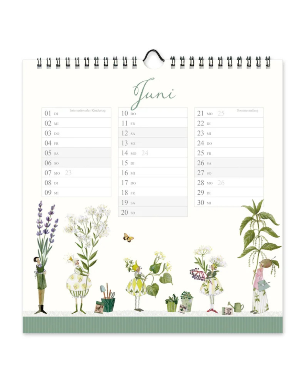 Wandkalender "Schöne Tage Kräuter" von Grätz Verlag vor weißen Hintergrund. Aufgeschlagen ist die Seite Juni und zu sehen sind 5 kleine Figuren welche große Pflanzen in der Hand halten.