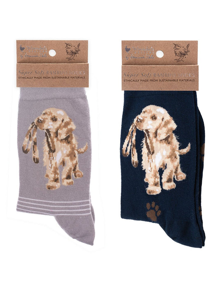 Weiche Hunde Socken in den Farben Grau und Dunkelblau von Wrendale Designs.