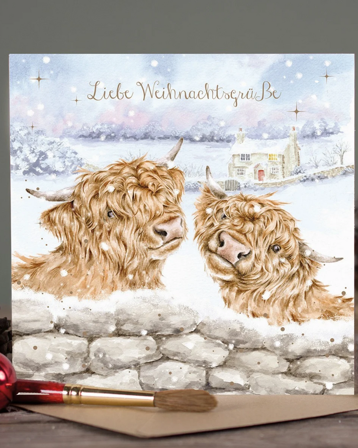 Weihnachtliche Highlandrinder Doppelkarte "Deck the Horns" von Wrendale Designs