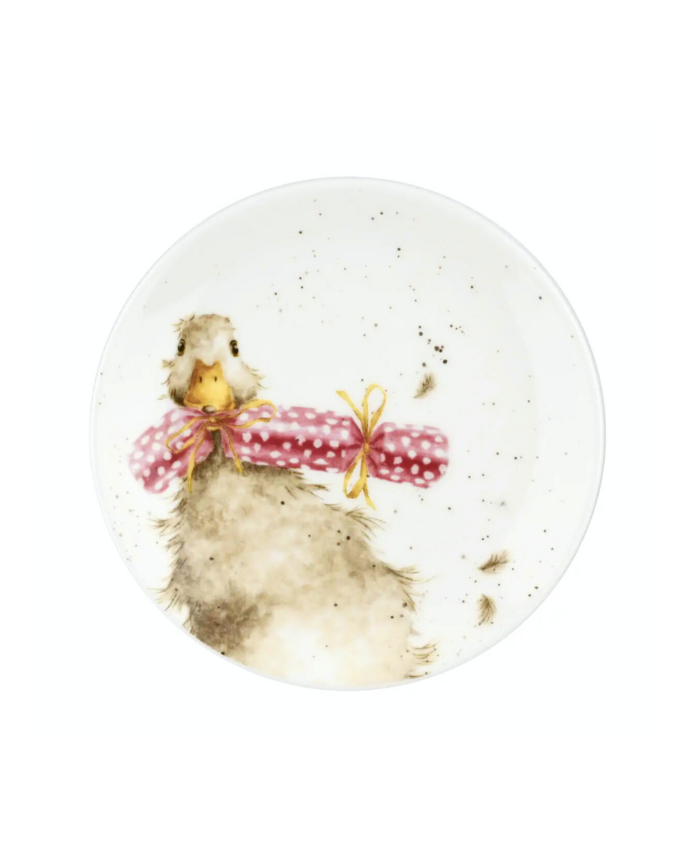 Frühstücksteller mit Illustration einer Ente mit Weihnachtscracker von Wrendale Designs vor weißem Hintergrund.