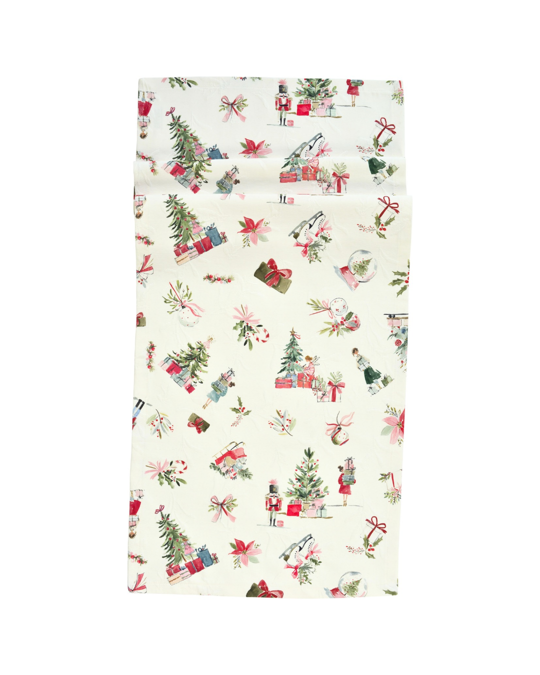 Weihnachtlicher Tischläufer "X-Mas Presents" von Sander Table Home vor weißen Hintergrund. Der Tischläufer hat einen cremeweißen Hintergrund mit vielen kleinen Geschenken und Tannenbäumen als Motiv.
