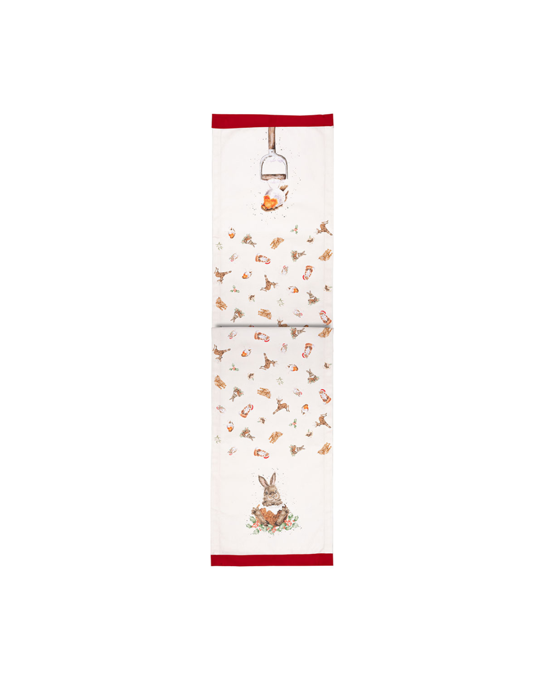 Weihnachtlicher Tischläufer „Winter Wonderland“ von Wrendale Designs mit Hase und Rotkehlchen vor weißem Hintergrund.