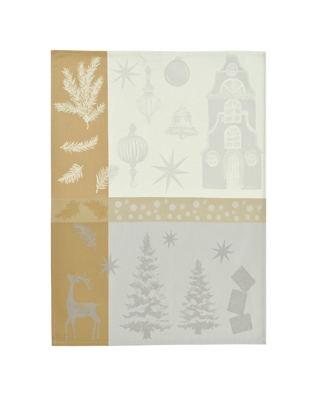 Weihnachtliches Geschirrtuch "Jolly Place" in beige von Sander Table Home vor weißen Hintergrund. Das Tuch ist in 6 Sektoren mit verschiedenen Formen, Farben und Motiven aufgeteilt. Motive wie ein Hirsch, Weihnachtsbäume, Pinien etc. sind zu sehen.