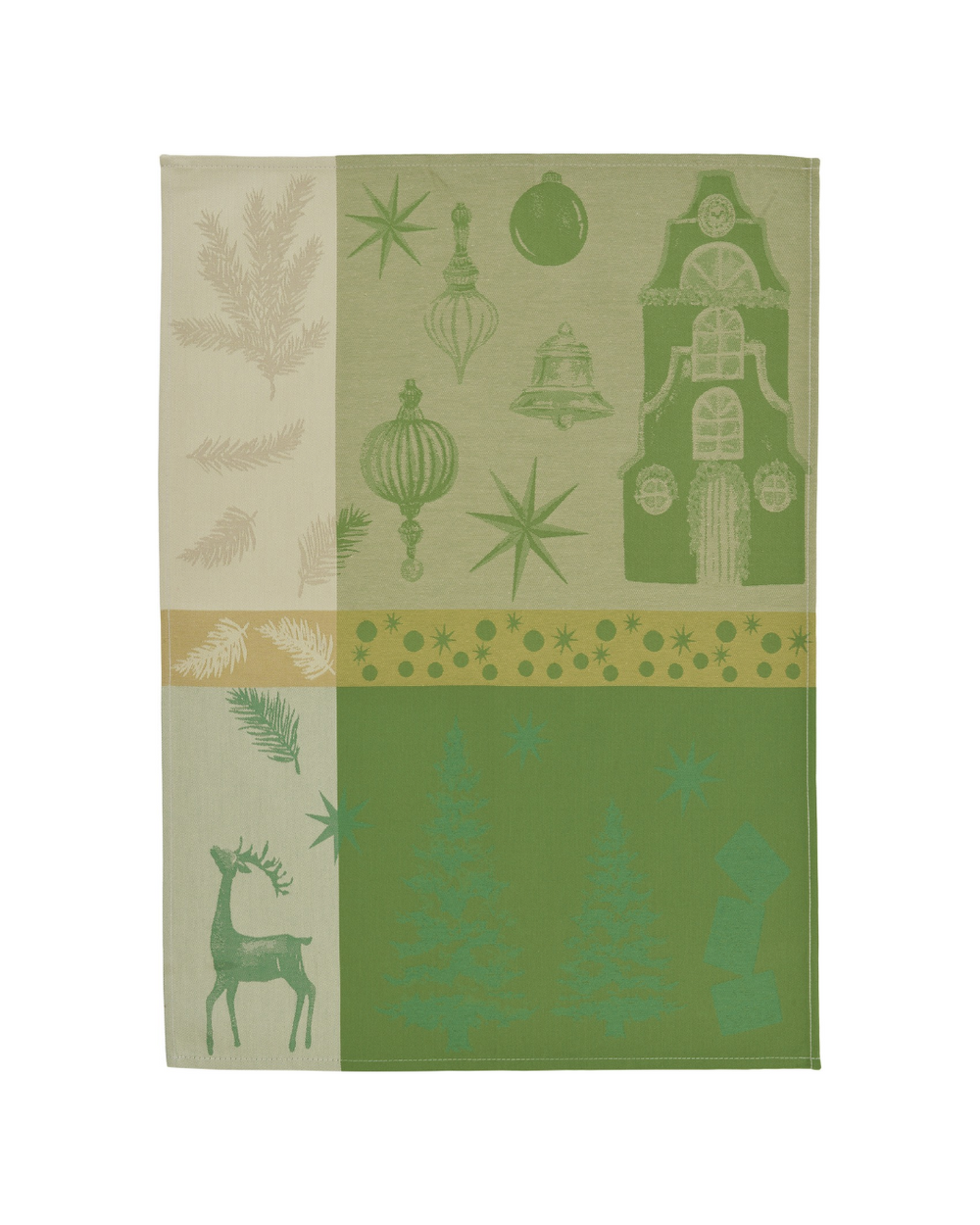 Weihnachtliches Geschirrtuch "Jolly Place" in grün von Sander Table Home vor weißen Hintergrund. Das Tuch ist in 6 Sektoren mit verschiedenen Formen, Farben und Motiven aufgeteilt. Motive wie ein Hirsch, Weihnachtsbäume, Pinien etc. sind zu sehen.