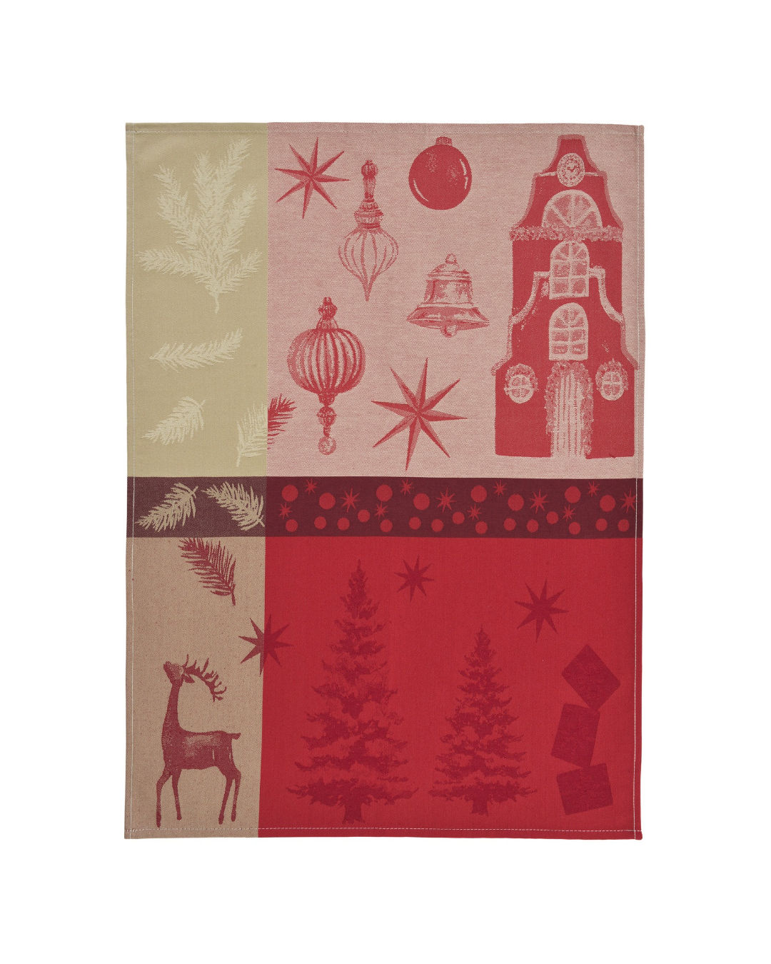 Weihnachtliches Geschirrtuch "Jolly Place" in rot von Sander Table Home vor weißen Hintergrund. Das Tuch ist in 6 Sektoren mit verschiedenen Formen, Farben und Motiven aufgeteilt. Motive wie ein Hirsch, Weihnachtsbäume, Pinien etc. sind zu sehen.