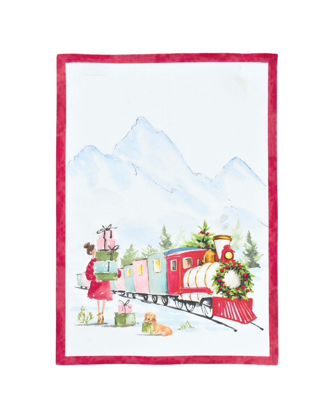 Weihnachtliches Geschirrtuch "Kitchen Express" von Sander Table Home vor weißen Hintergrund. Das Tuch hat einen roten Rand mit einem verschneiten Hintergrund in dem eine Frau mit Geschenken und ein dekorierter Weihnachtszug zu sehen sind.
