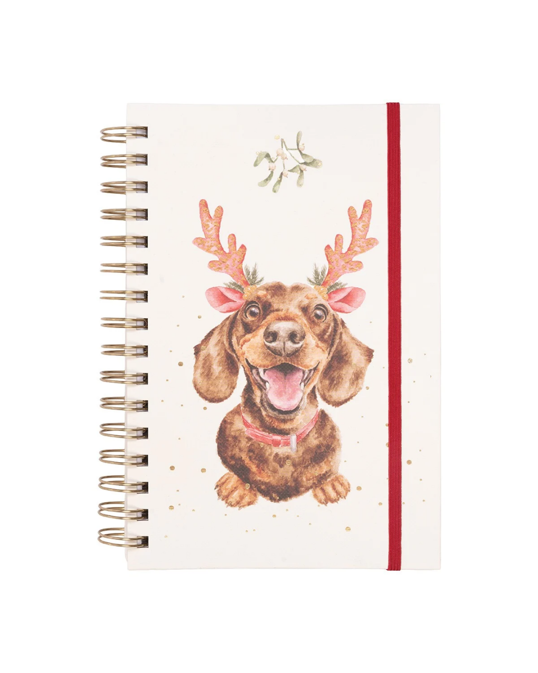 Weihnachtliches Notizbuch "Mistletoe and Barks" von Wrendale Designs mit niedlichem Dackel Motiv von Hannah Dale, goldener Spiralbindung und einem elastischen roten Verschlussband.
