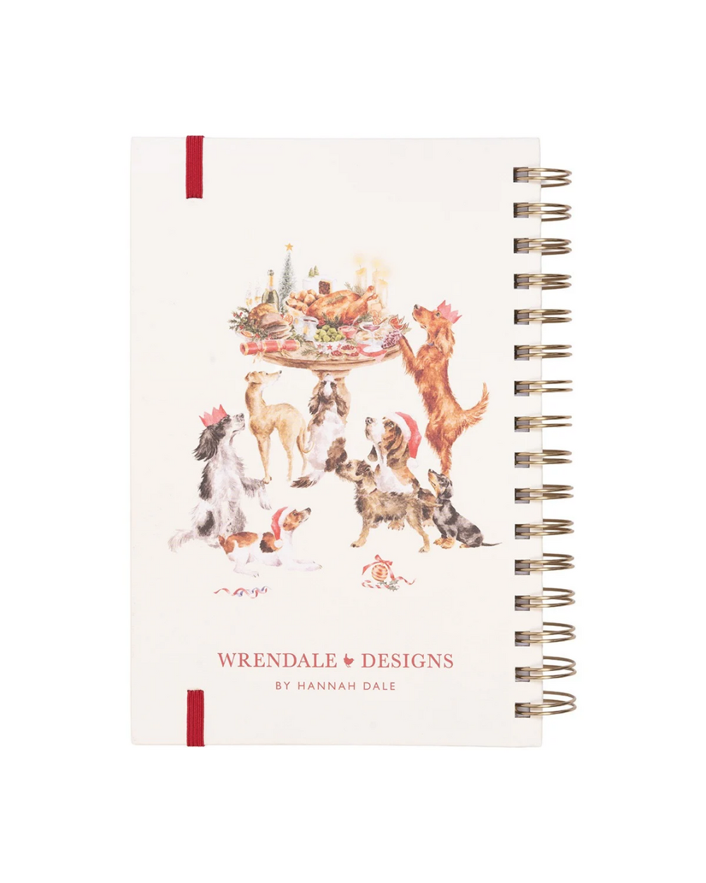 Rücksiete des weihnachtlichen Dackel Notizbuchs "Mistletoe and Barks" von Wrendale Designs. Verschiedenste Hunde begucken einen reichlich Gedeckten Weihnachtstisch.