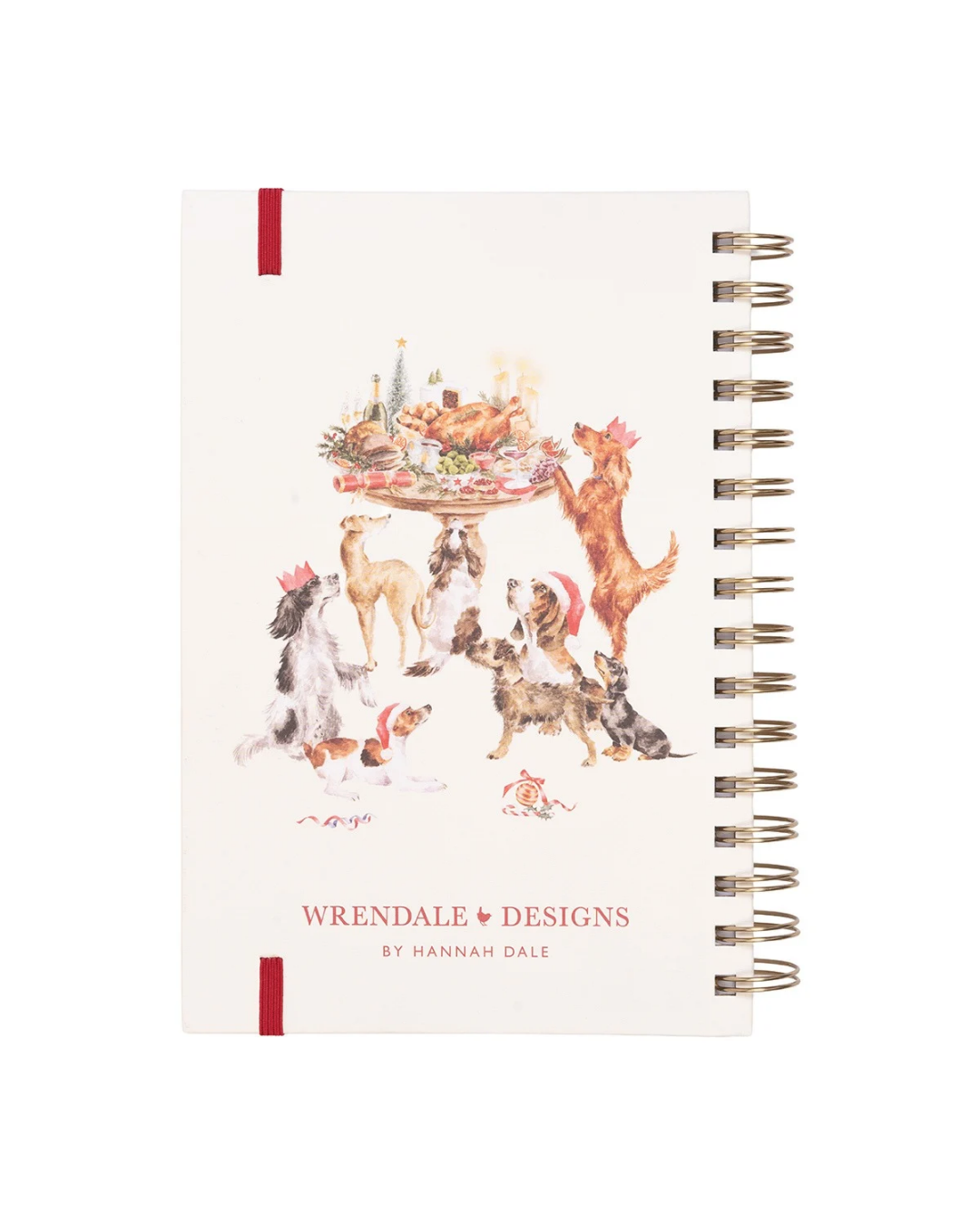 Rücksiete des weihnachtlichen Dackel Notizbuchs "Mistletoe and Barks" von Wrendale Designs. Verschiedenste Hunde begucken einen reichlich Gedeckten Weihnachtstisch.