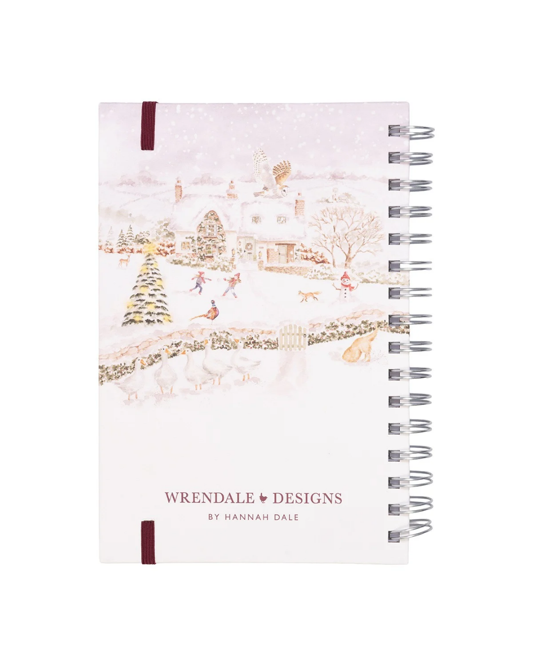 Rückseite des weihnachtlichen Notizbuches "Snow Place like Home" in Din A5 von Wrendale Designs mit verschiedensten Wildtieren, geschmückten Häusern und spielenden Kindern. Detailreiche Illustration von Hannah Dale.