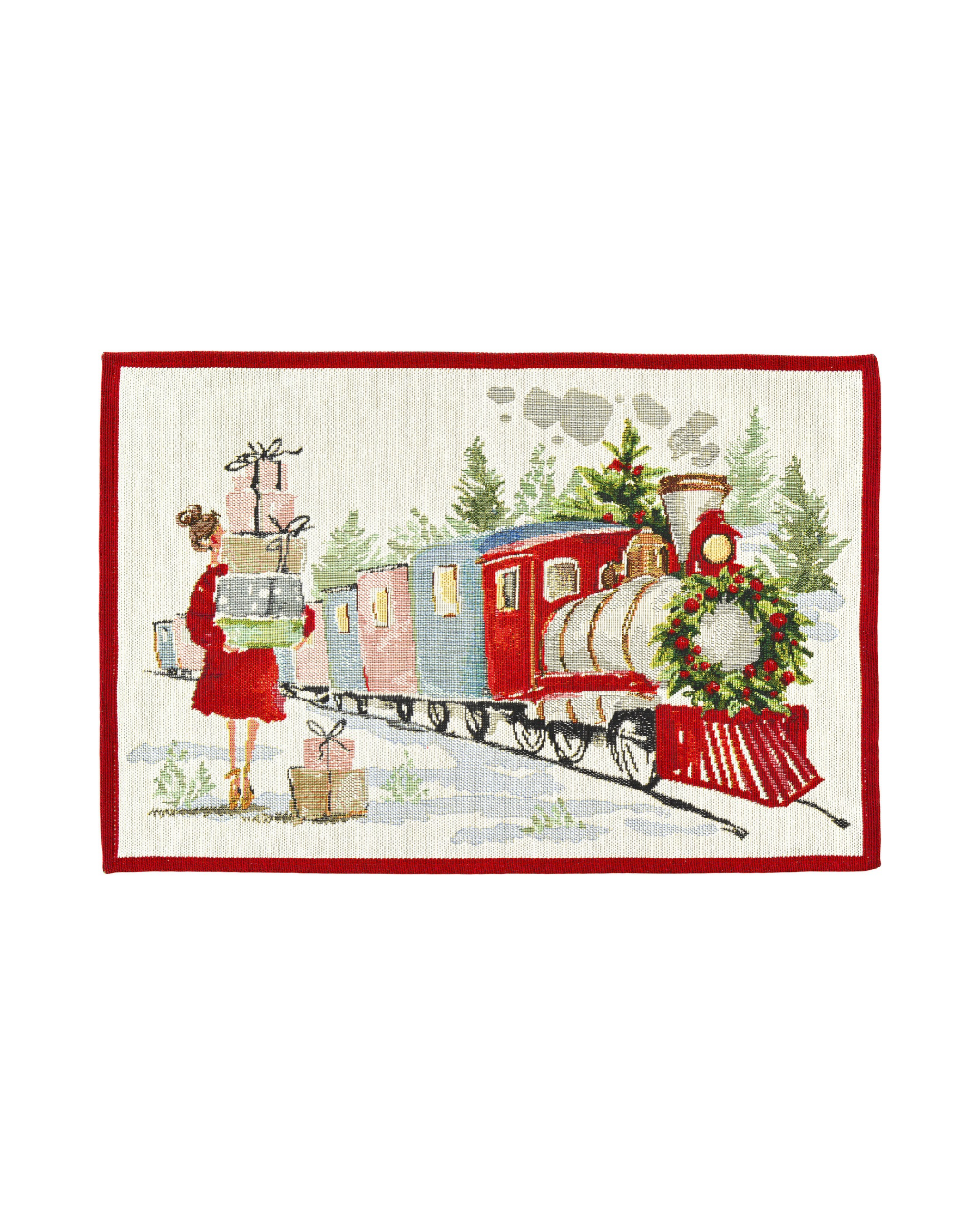 Weihnachtliches Platzset "Xmas Express" von Sander Table Home vor weißen Hintergrund. Das Platzset hat einen roten Rand mit einem weißen Hintergrund. Das Motiv zeigt eine Frau welche viele Geschenke trägt neben einem dekorierten Weihnachtszug 