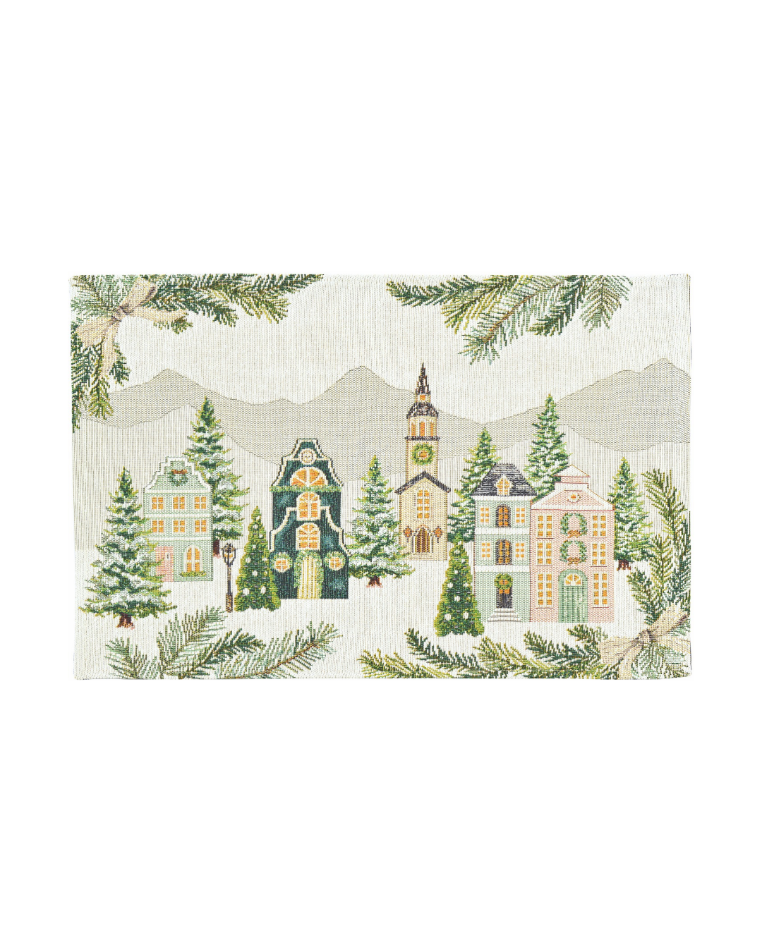 Weihnachtliches Platzset "Xmas Valley" von Sander Table Home vor weißen Hintergrund. Das Platzset hat einen grau/weißen Hintergrund und zeigt eine beschneite Winterstadt mit vielen Tannenbäumen.