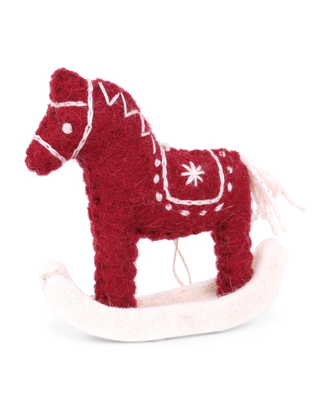 Weihnachtlicher Filzanhänger "Schaukelpferd" von Gry &  Sif in kräftigem rot mit weiß gestickten Highlights. 