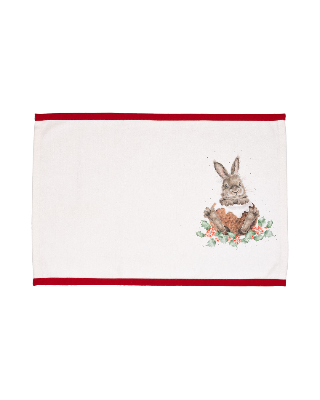 Das Tischset „Winter Woodland“ von Wrendale Designs mit Hasenmotiv. Der Hase sitzt zwischen grünen Ilexzweigen mit roten Beeren und verbreitet eine natürliche, winterliche Stimmung.