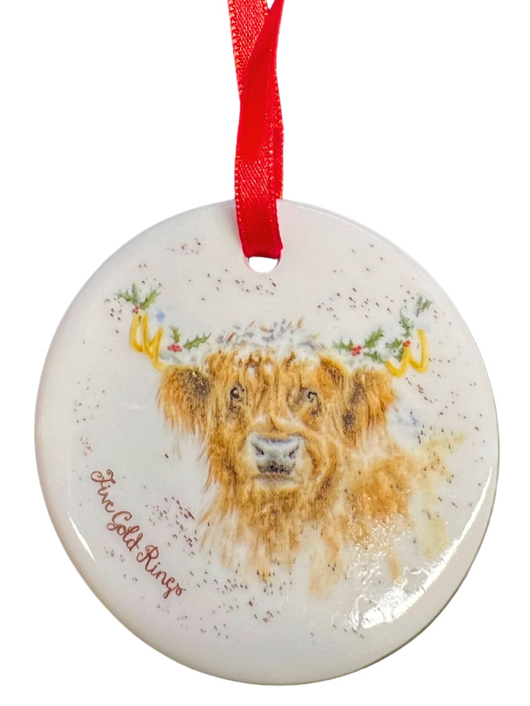 Weihnachtsanhänger "Five Gold Rings" von Wrendale Designs. Fünfter Tag mit Longhorn.