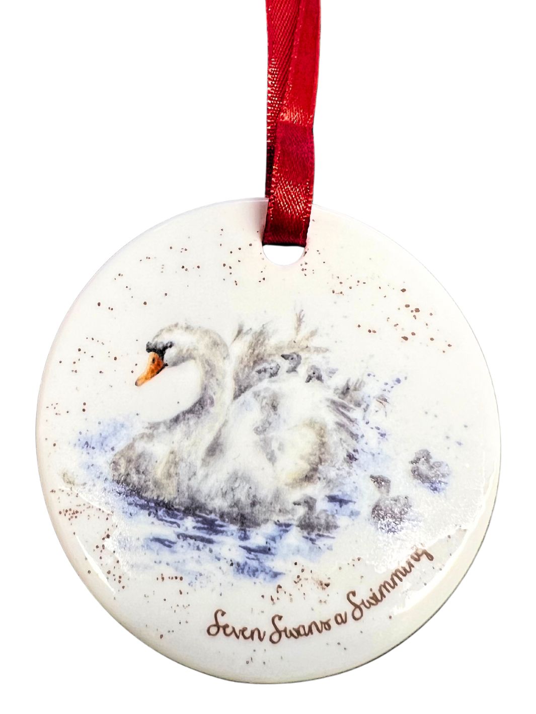 Weihnachtsanhänger "Seven Swans a Swimming" von Wrendale Designs. Siebter Tag mit Schwanenmuter und Kindern.
