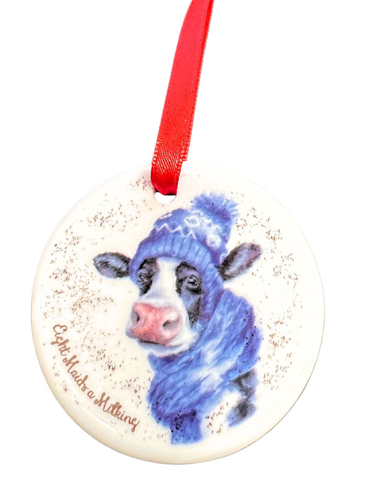 Weihnachtsanhänger "Eight Maids a Milking" von Wrendale Designs. Achter Tag mit Kuh.