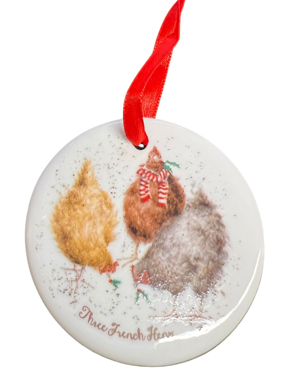 Weihnachtsanhänger "Three French Hens" von Wrendale Designs. Dritter Tag mit drei Hühnern.