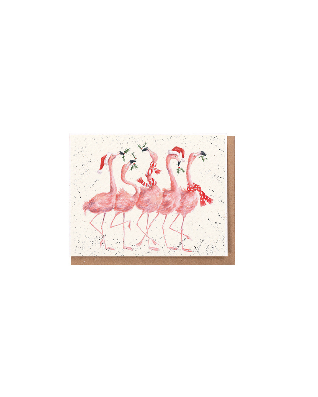 Grußkärtchen "Flamingle Bells" von Wrendale Designs illustriert von Hannah Dale. Es sind fünf Flamingos zu sehen, welche mit roten Schals um den Hals, passende Mützen auf den Köpfen und Mistelzweigen im Schnabel über die Karte stolzieren und weihnachtliche Stimmung verbreiten.