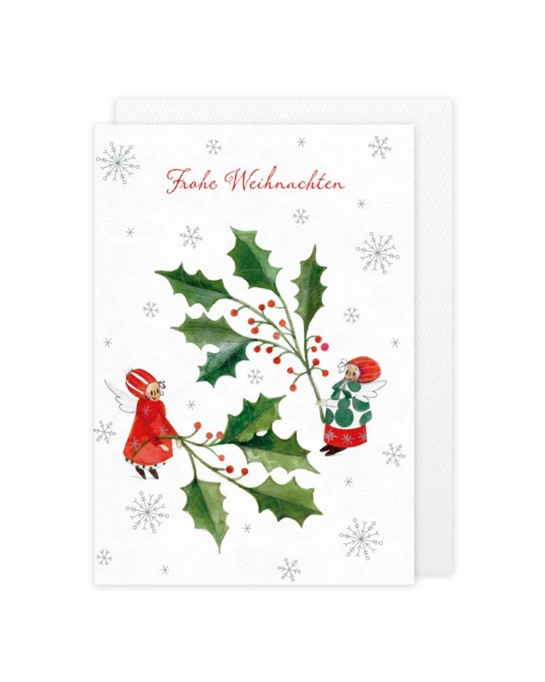 Weihnachtsgrußkarte "Weihnachtsengel" vom Grätz Verlag. Zwei Weihnachtsengel mit grünen Winterzweigen in der Hand illustriert von Silke Leffler.