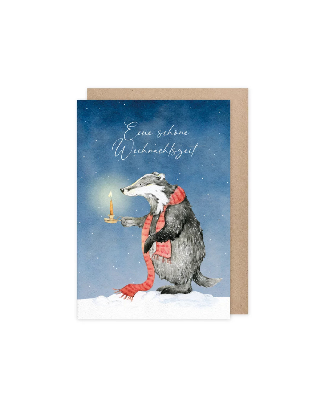 Freundliche Weihnachtskarte „Eine schöne Weihnachtszeit“ mit Dachs und Kerzenlicht