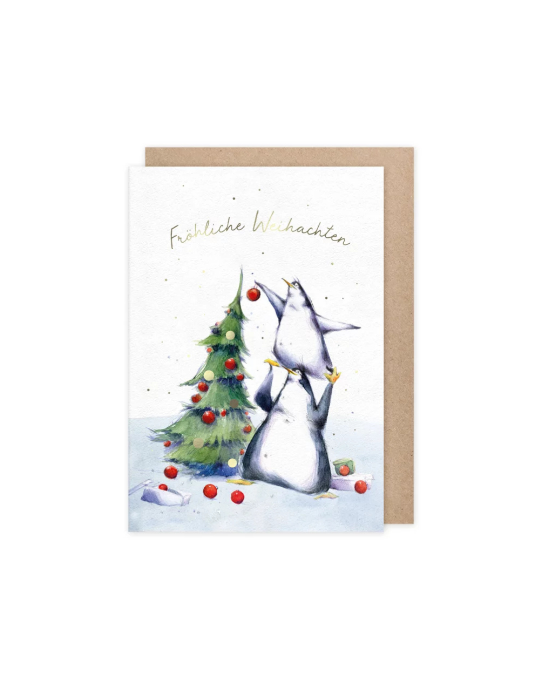Weihnachtskarte vom Grätz Verlag mit zwei Pinguinen, die per Räuberleiter den Baum schmücken.