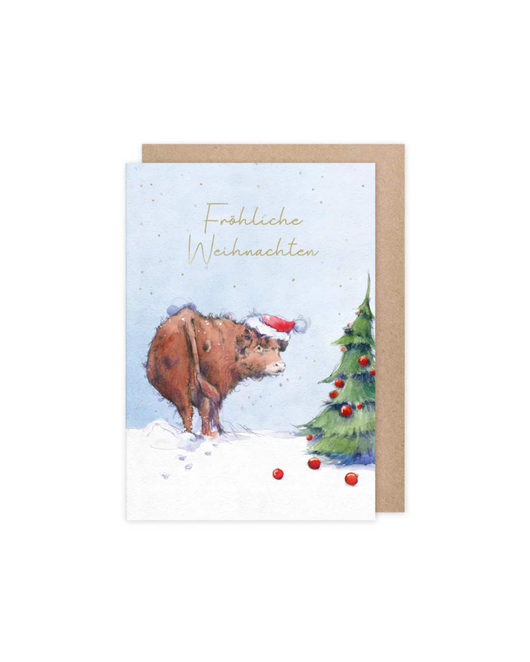 Weihnachtskarte mit Weihnachtskuh im Schnee, Grätz Verlag